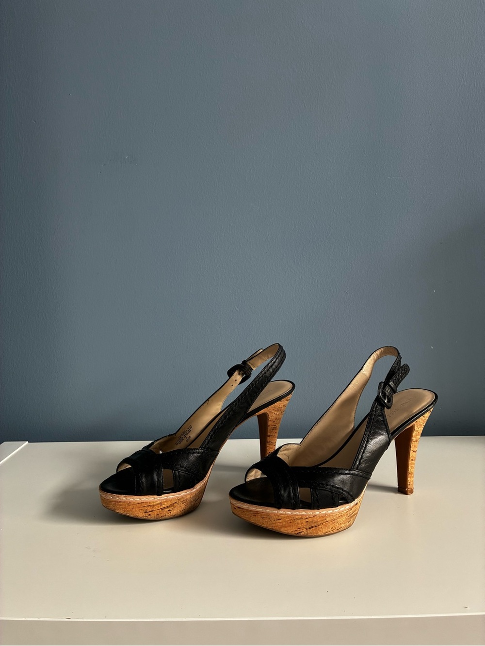 Nine West Black Leather Slingback Cork Platform Pumps